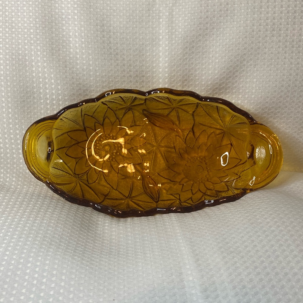 Vintage Amber Glass Oval Dish w/Floral and Bird Design